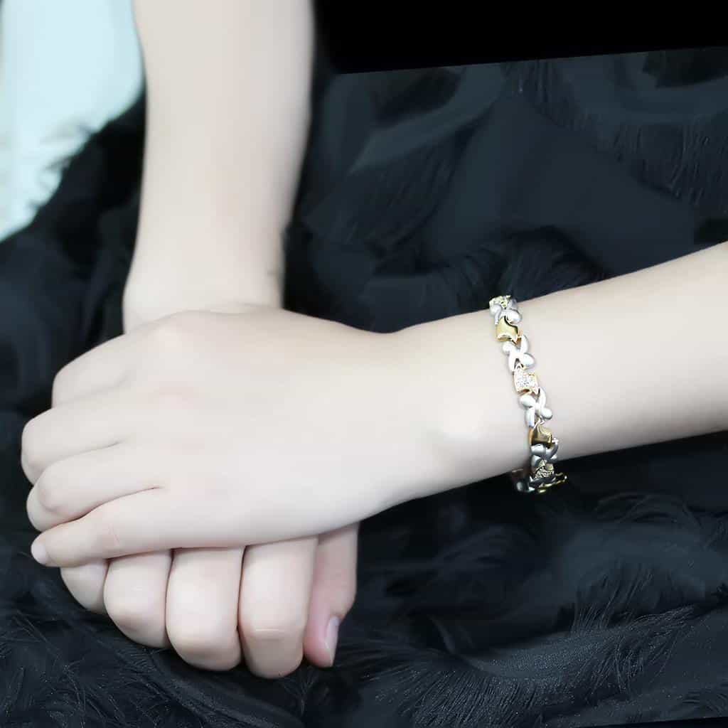 Brass Two Tone Silver Gold CZ Heart Link Bracelet view 5