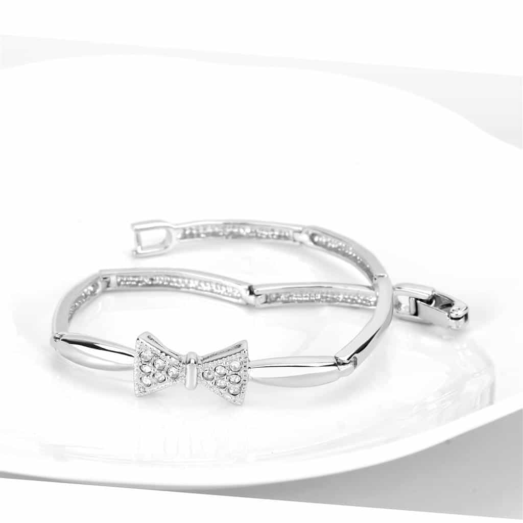 Brass Silver CZ Bow Hinged Bangle Bracelet view 4