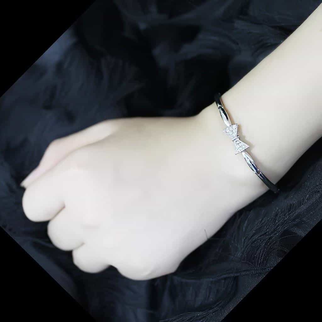 Brass Silver CZ Bow Hinged Bangle Bracelet view 5