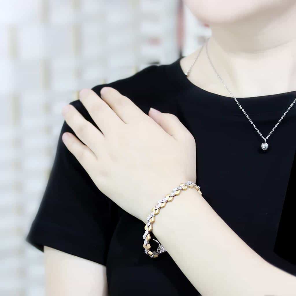 Brass Two Tone Gold CZ Chevron Link Bracelet view 5