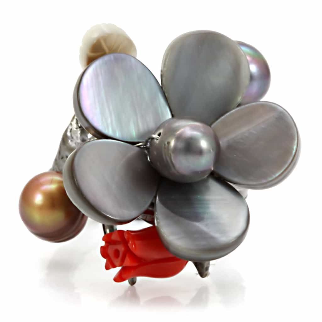Brass Antique Silver Pearl Mother of Pearl Flower Cocktail Ring view 6
