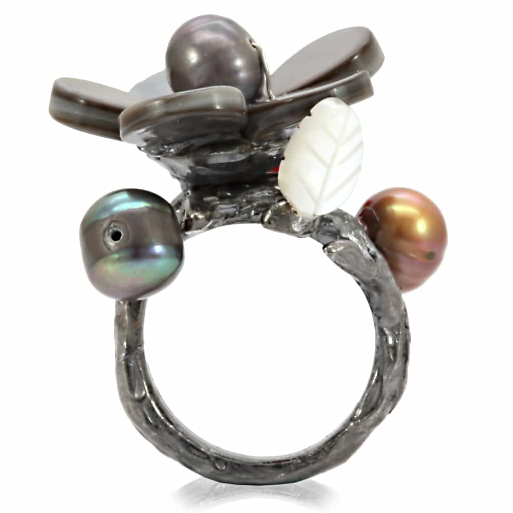 Brass Antique Silver Pearl Mother of Pearl Flower Cocktail Ring view 5