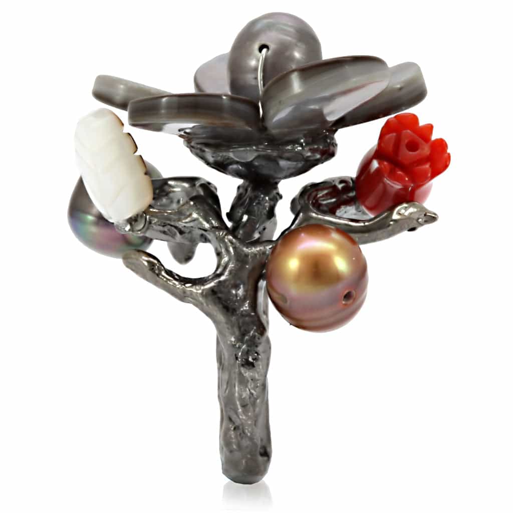 Brass Antique Silver Pearl Mother of Pearl Flower Cocktail Ring view 4