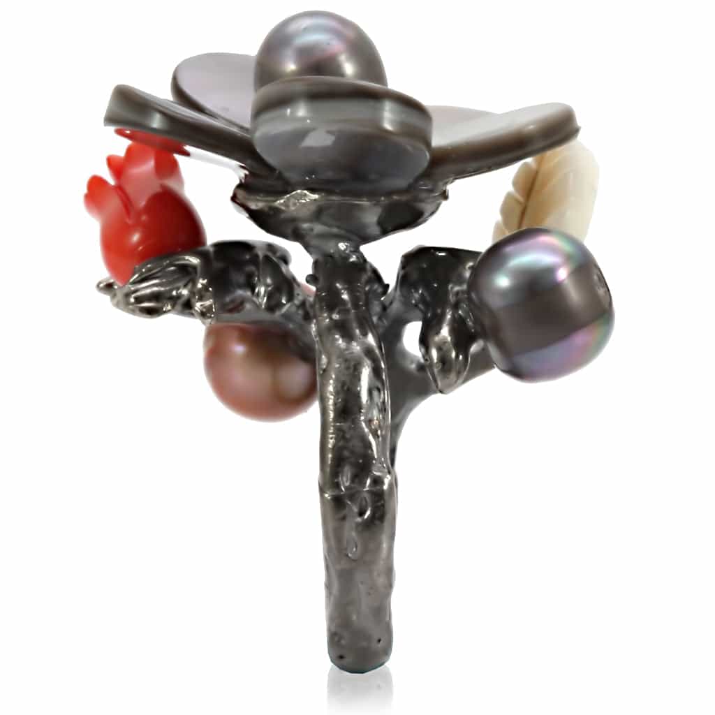 Brass Antique Silver Pearl Mother of Pearl Flower Cocktail Ring view 3