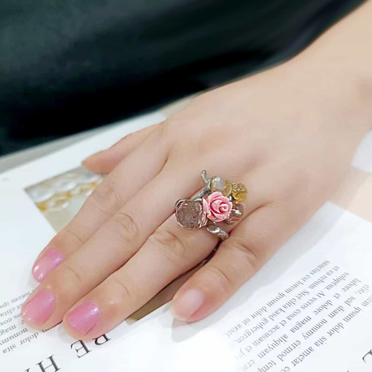 Brass Antique Silver Crystal Rose Branch Cocktail Ring view 3