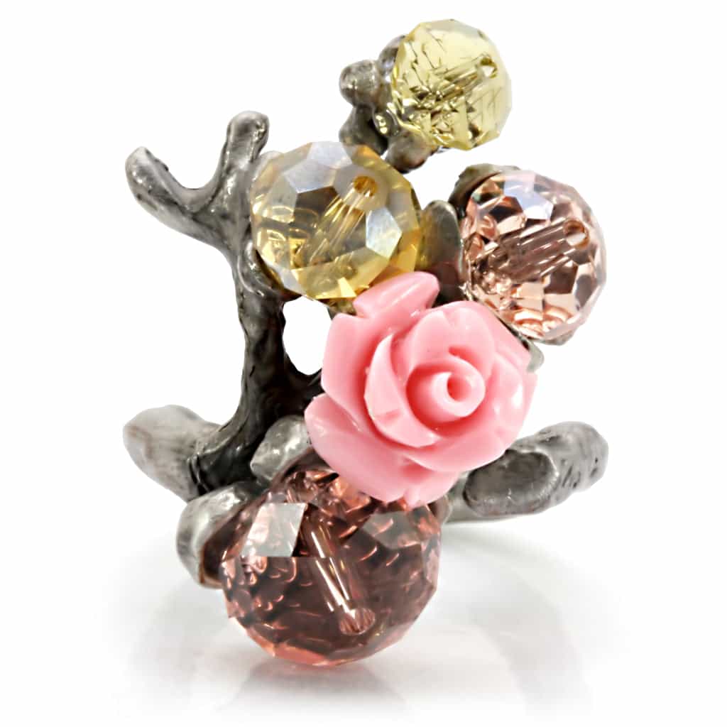 Brass Antique Silver Crystal Rose Branch Cocktail Ring view 4