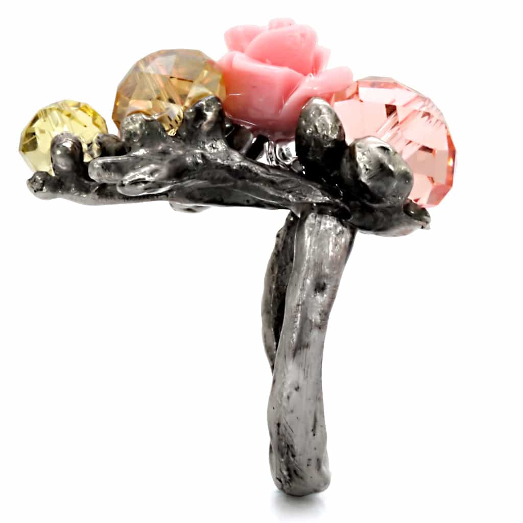 Brass Antique Silver Crystal Rose Branch Cocktail Ring view 7