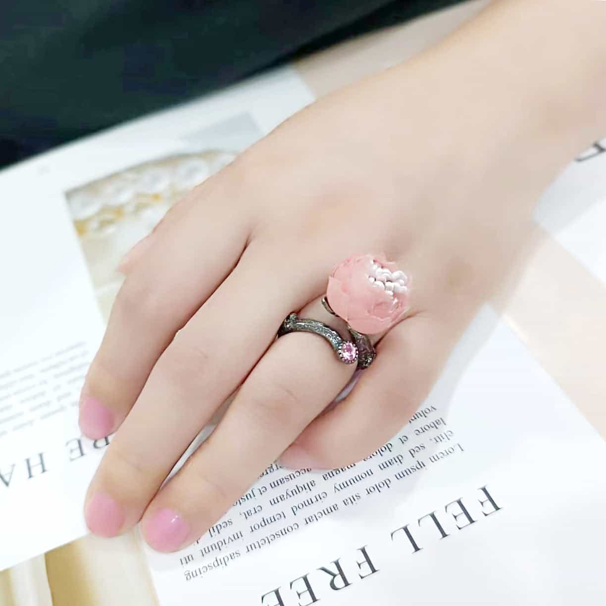 Brass Antique Gold Pink Fabric Peony Flower Cocktail Ring view 3