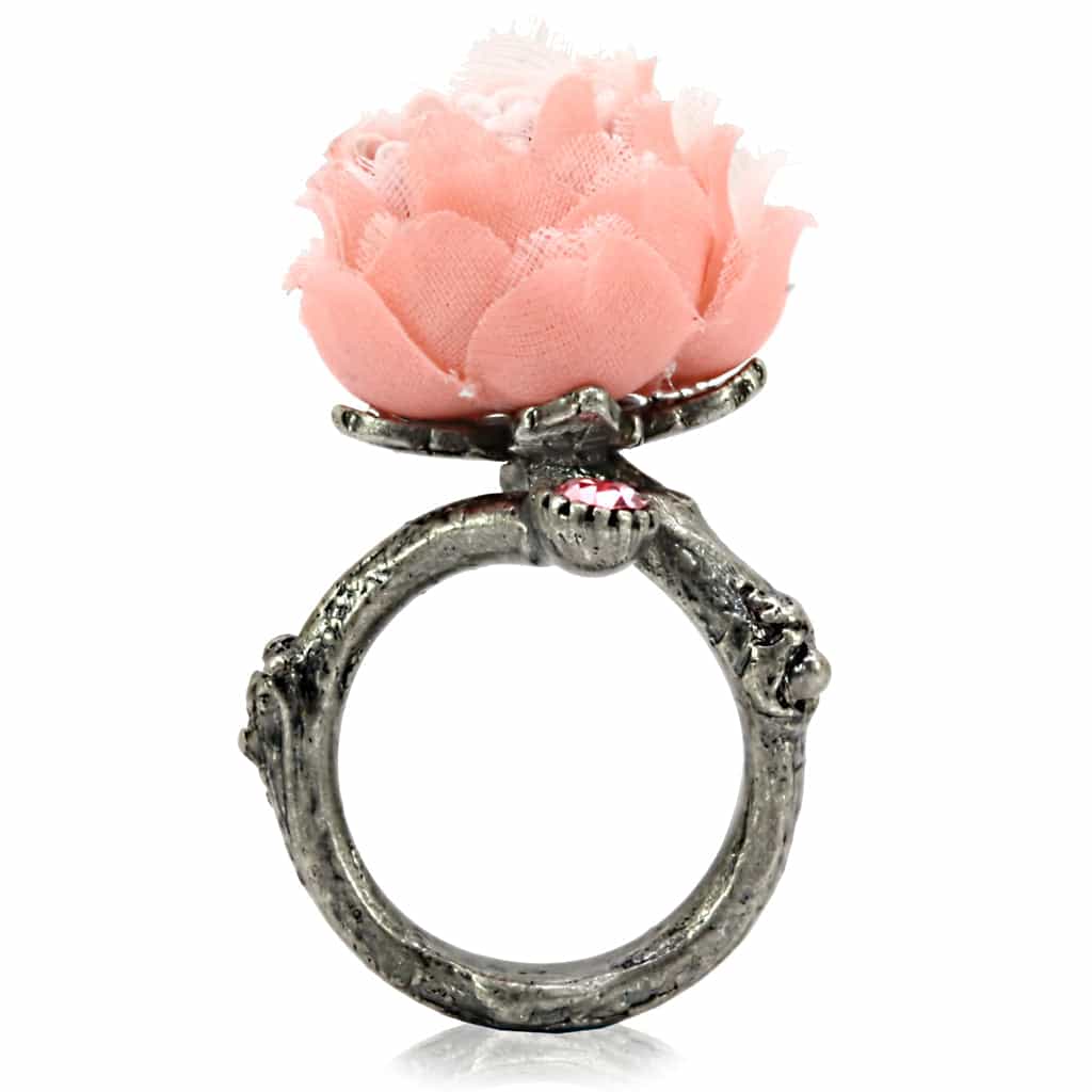 Brass Antique Gold Pink Fabric Peony Flower Cocktail Ring view 5