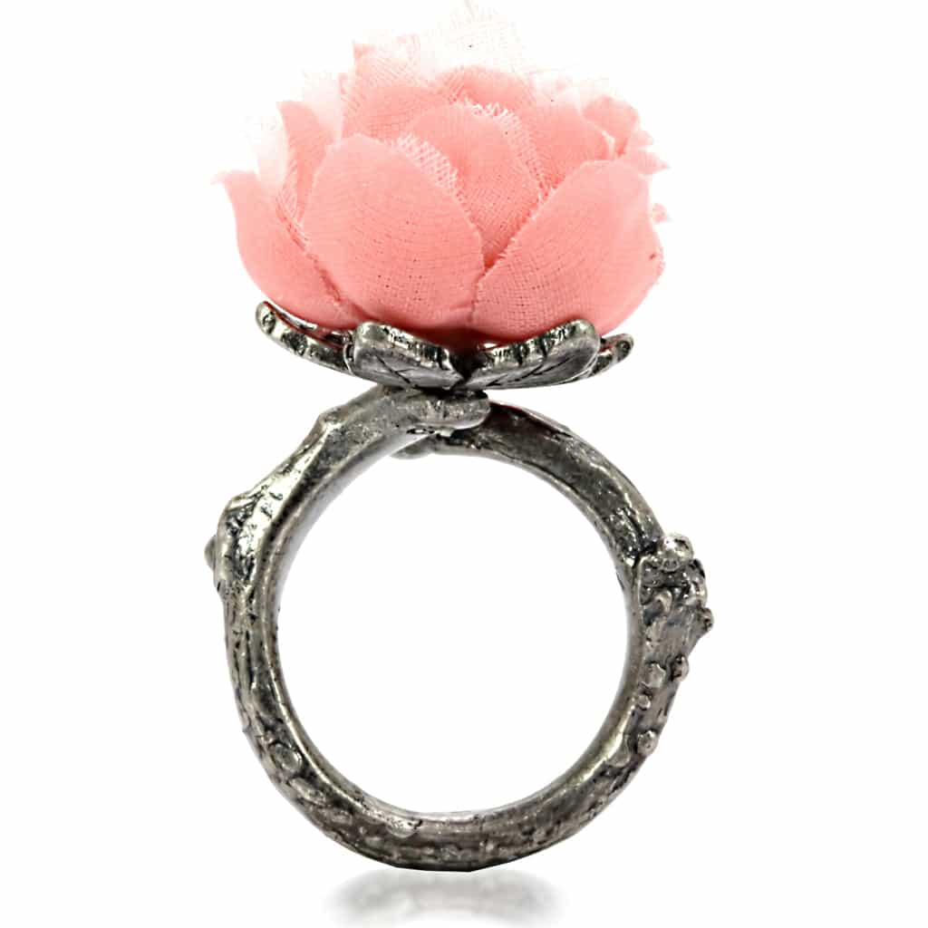 Brass Antique Gold Pink Fabric Peony Flower Cocktail Ring view 6