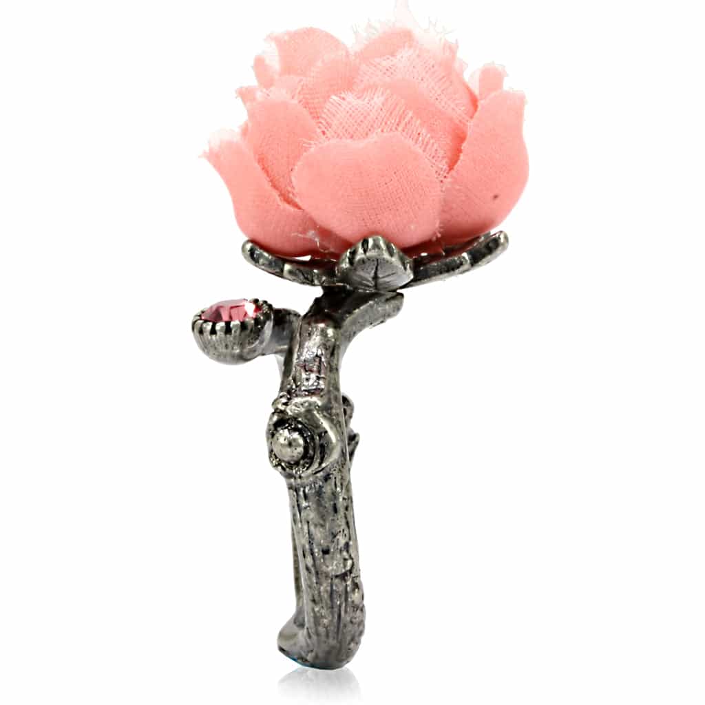 Brass Antique Gold Pink Fabric Peony Flower Cocktail Ring view 7
