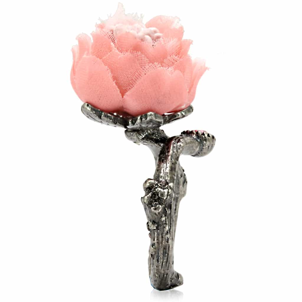 Brass Antique Gold Pink Fabric Peony Flower Cocktail Ring view 8