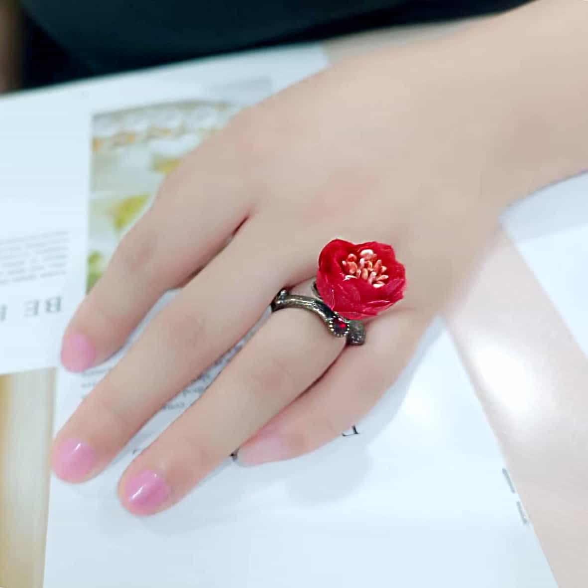 Brass Antique Gold Red Coral Peony Flower Cocktail Ring view 3