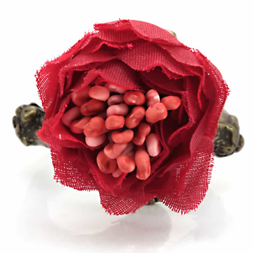 Brass Antique Gold Red Coral Peony Flower Cocktail Ring view 4