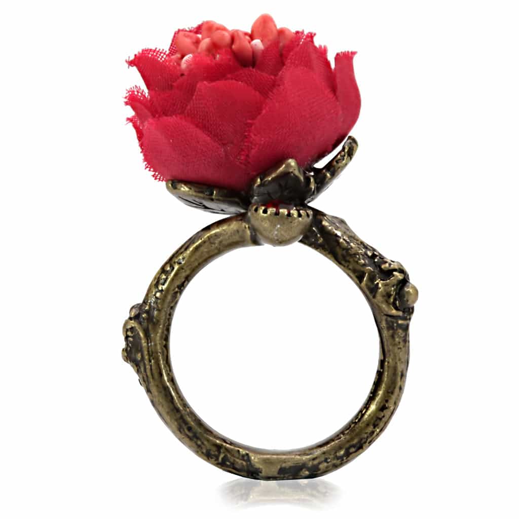 Brass Antique Gold Red Coral Peony Flower Cocktail Ring view 5