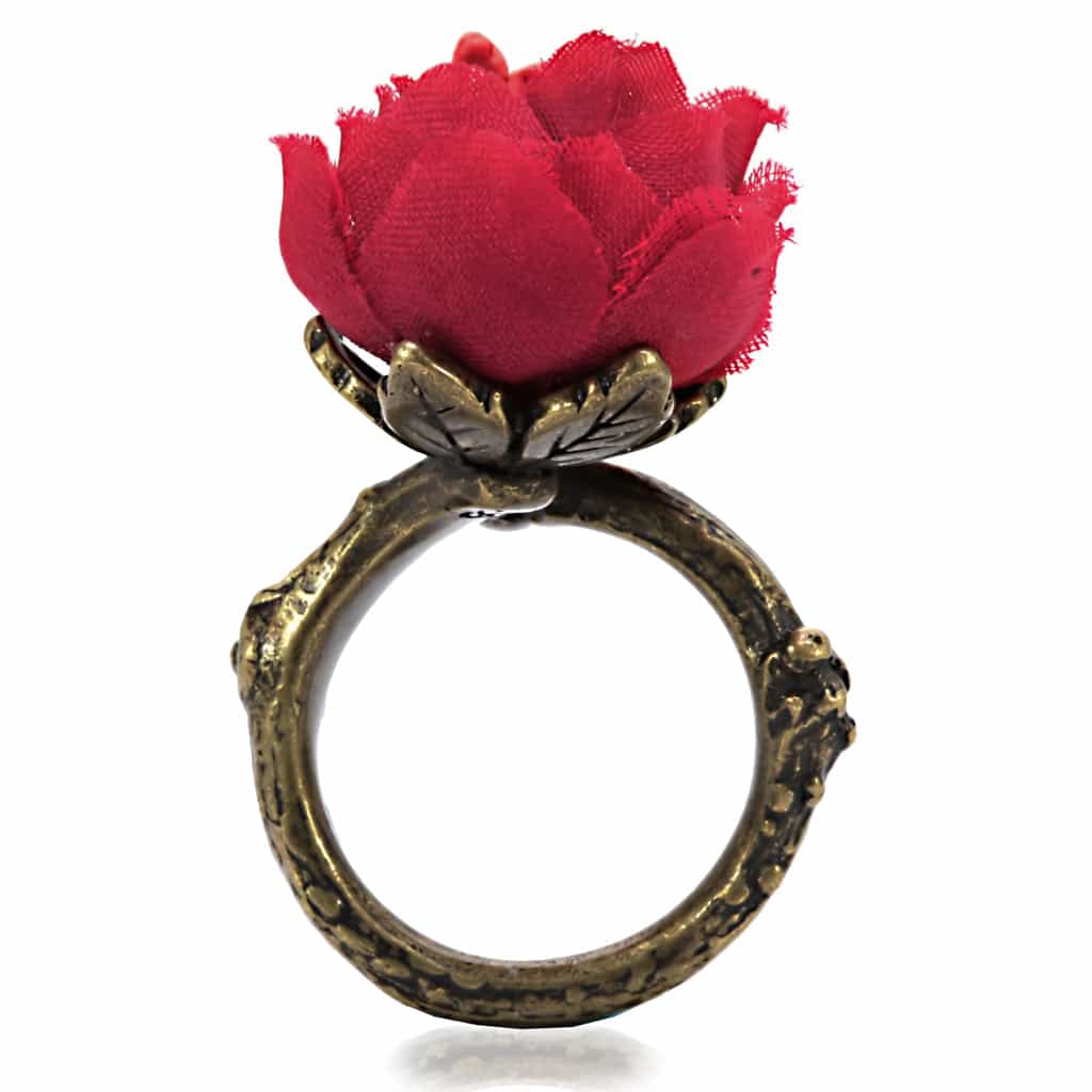 Brass Antique Gold Red Coral Peony Flower Cocktail Ring view 6