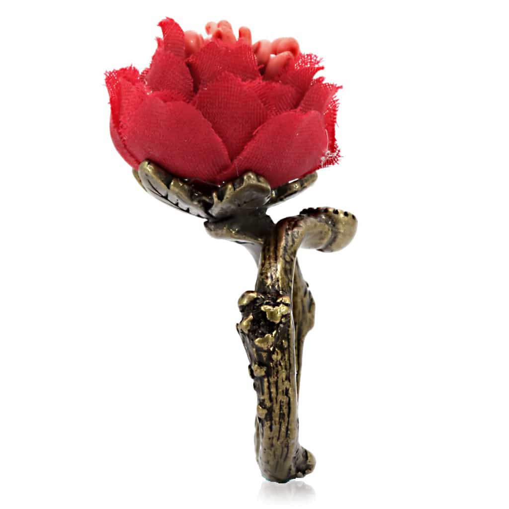 Brass Antique Gold Red Coral Peony Flower Cocktail Ring view 7