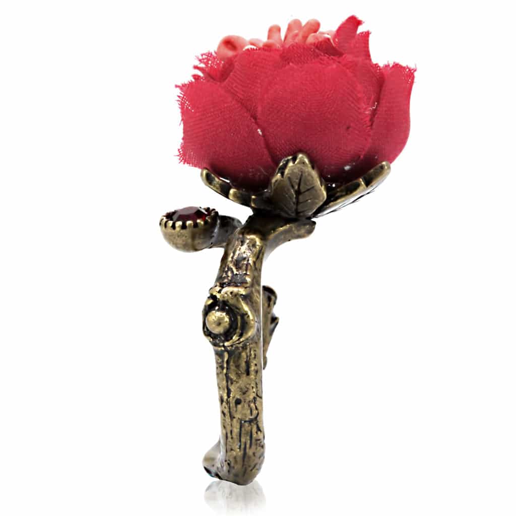 Brass Antique Gold Red Coral Peony Flower Cocktail Ring view 8