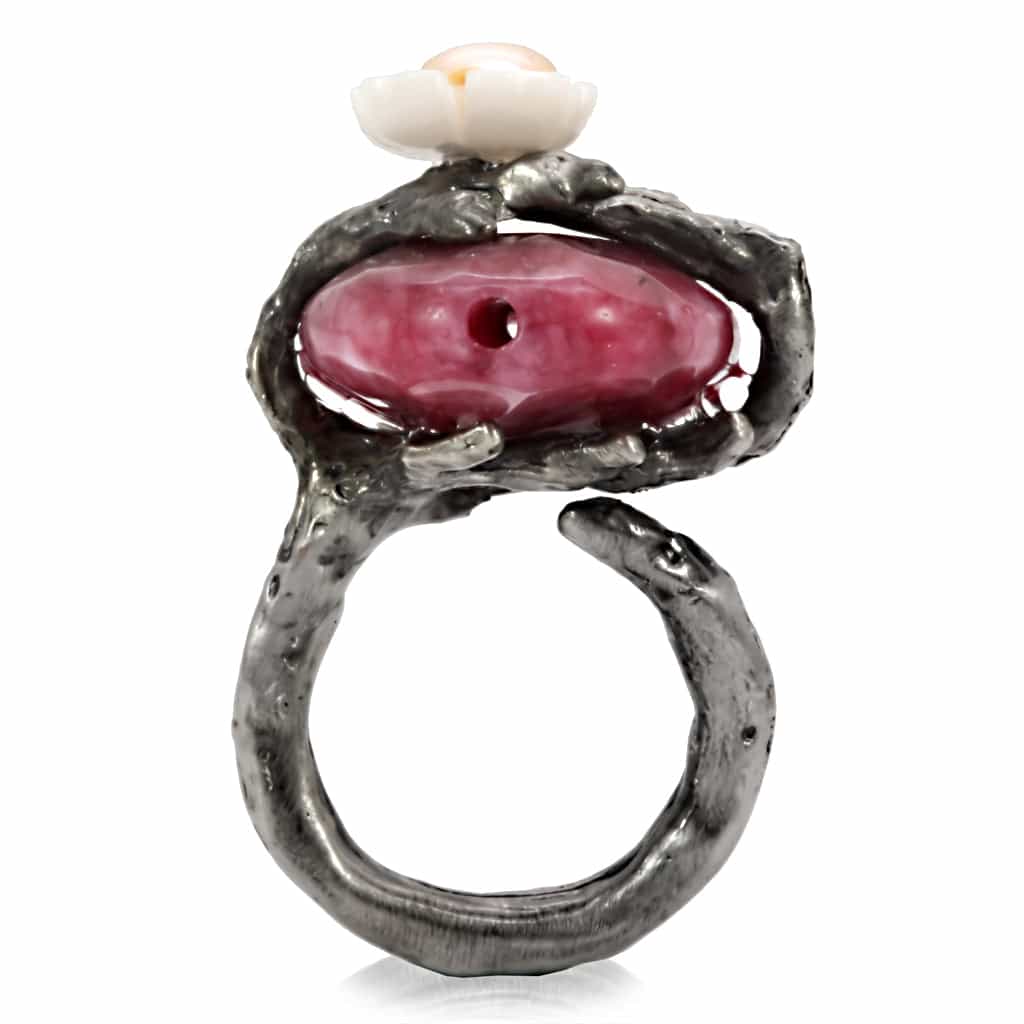 Brass Antique Silver Rhodonite Pearl Flower Branch Cocktail Ring view 6
