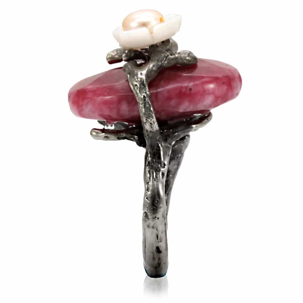 Brass Antique Silver Rhodonite Pearl Flower Branch Cocktail Ring view 7