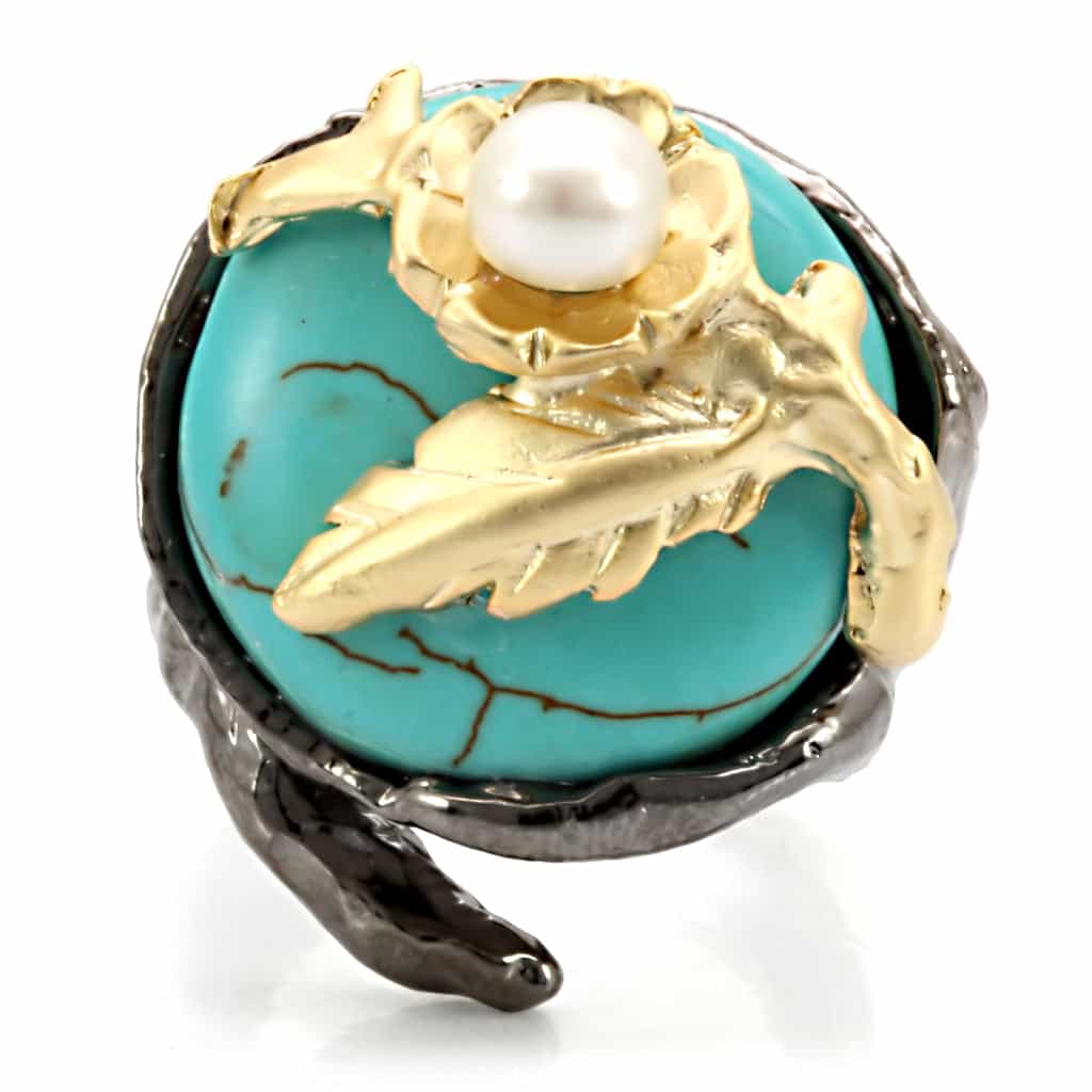 Brass Two Tone Gold Turquoise Cabochon Leaf Cocktail Ring view 4