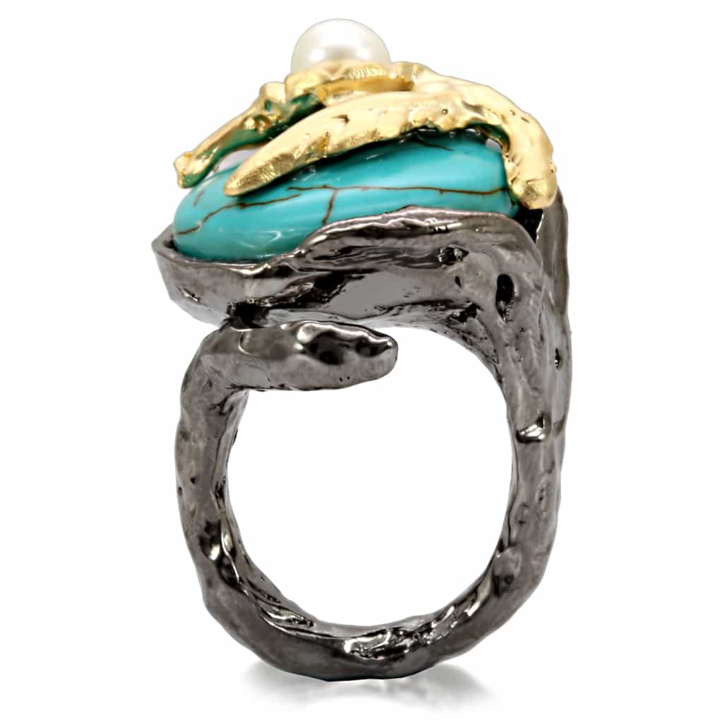 Brass Two Tone Gold Turquoise Cabochon Leaf Cocktail Ring view 5
