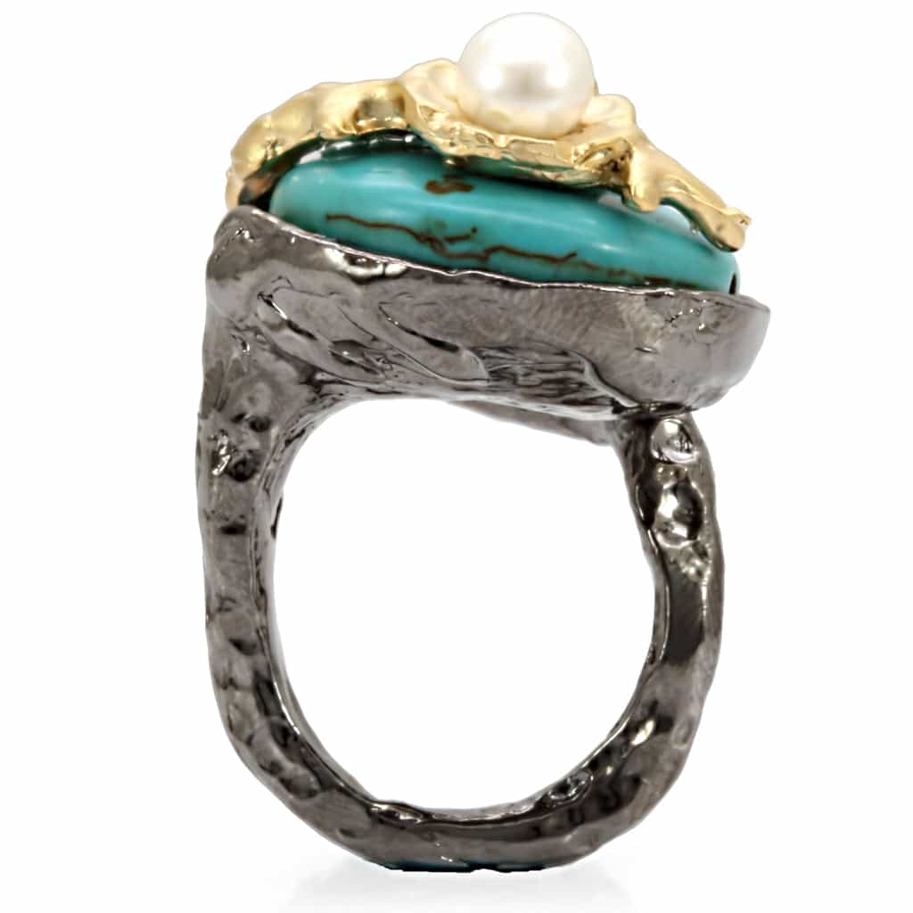 Brass Two Tone Gold Turquoise Cabochon Leaf Cocktail Ring view 6