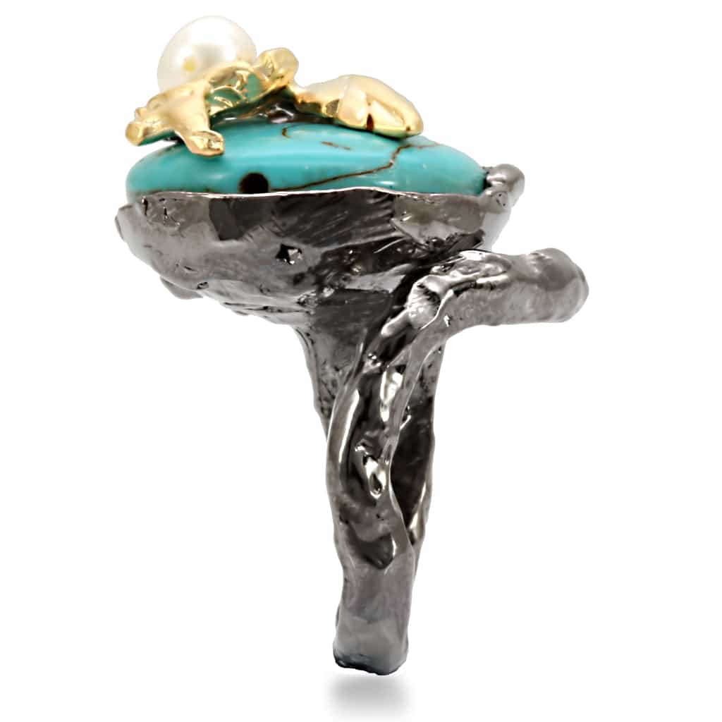 Brass Two Tone Gold Turquoise Cabochon Leaf Cocktail Ring view 7