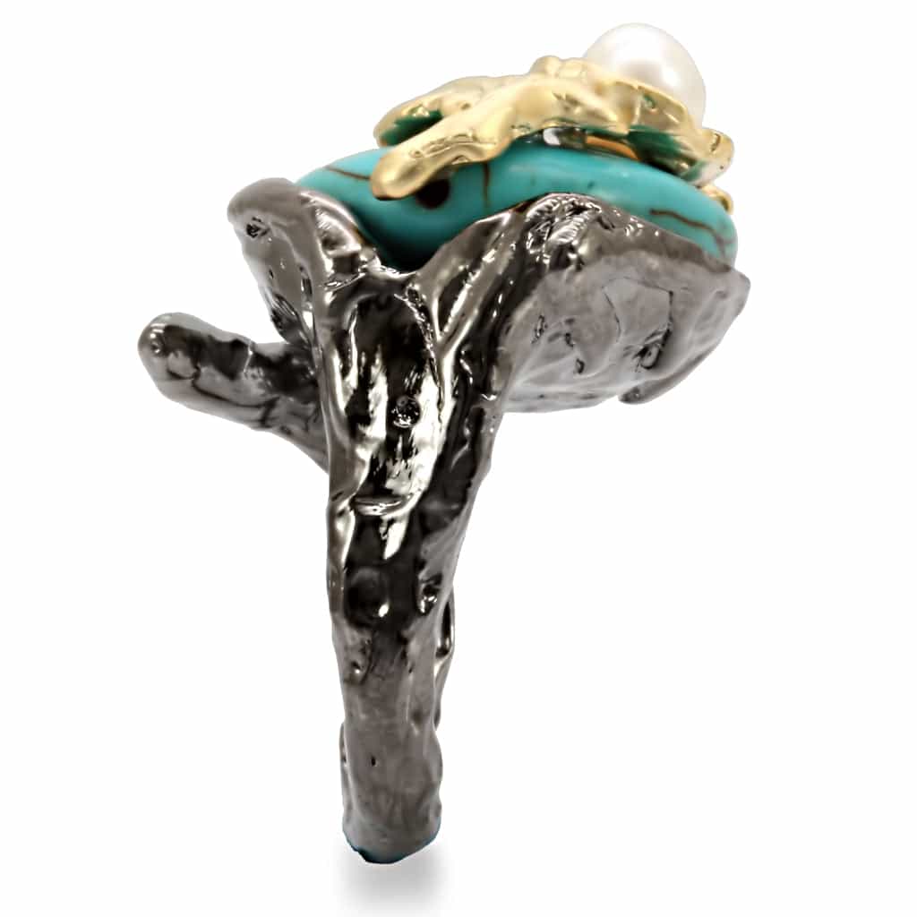 Brass Two Tone Gold Turquoise Cabochon Leaf Cocktail Ring view 8