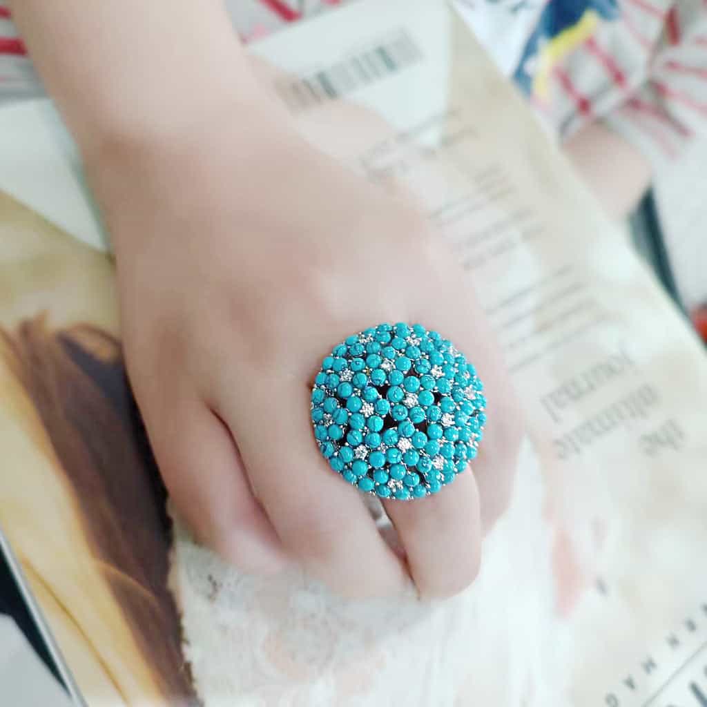Brass Silver Turquoise Cabochon Dome Cocktail Ring view 5