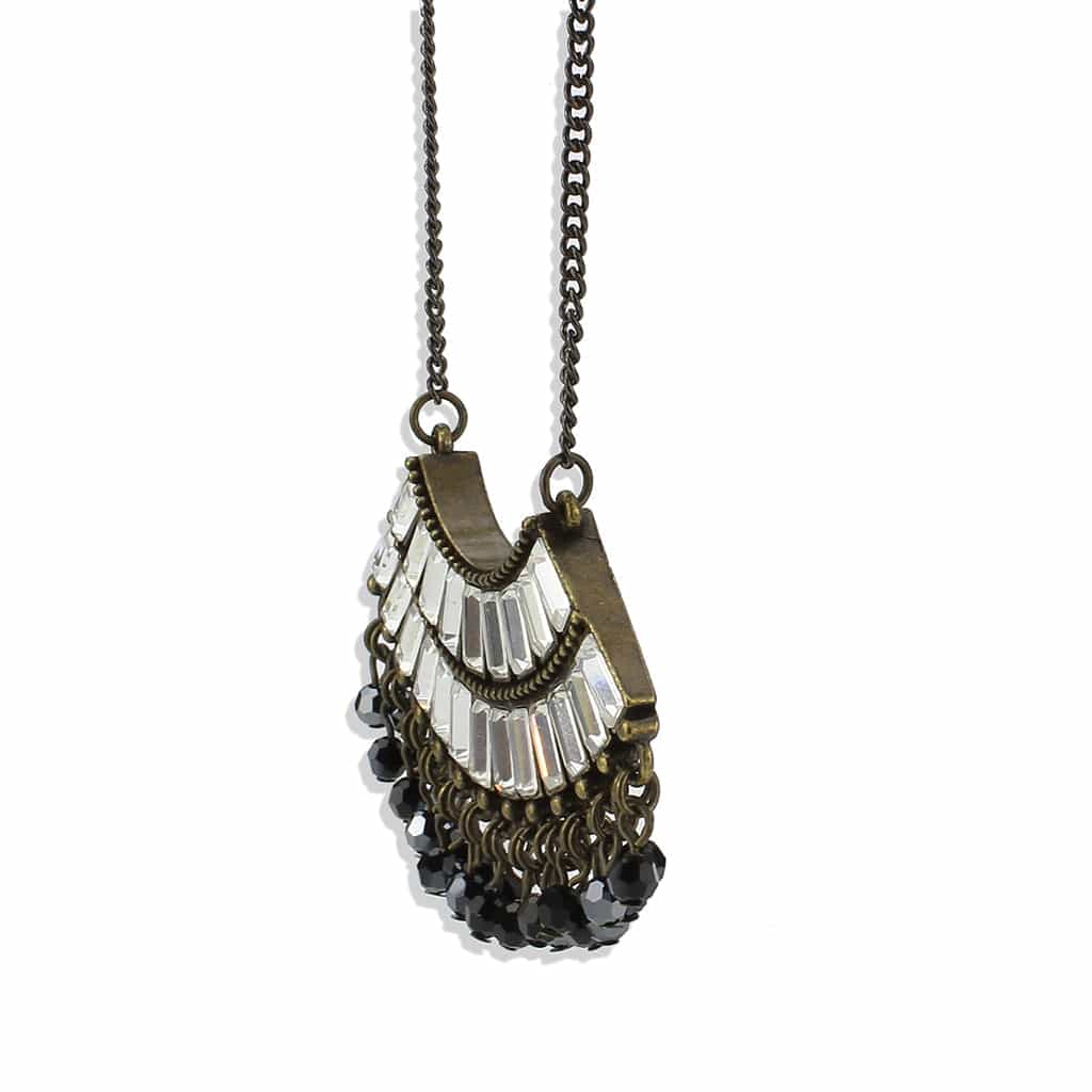 Brass Antique Gold Crystal Baguette Fan Pendant Necklace view 2