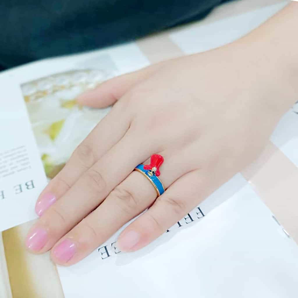 Brass Gold Blue Enamel Red Bow Cocktail Ring view 8