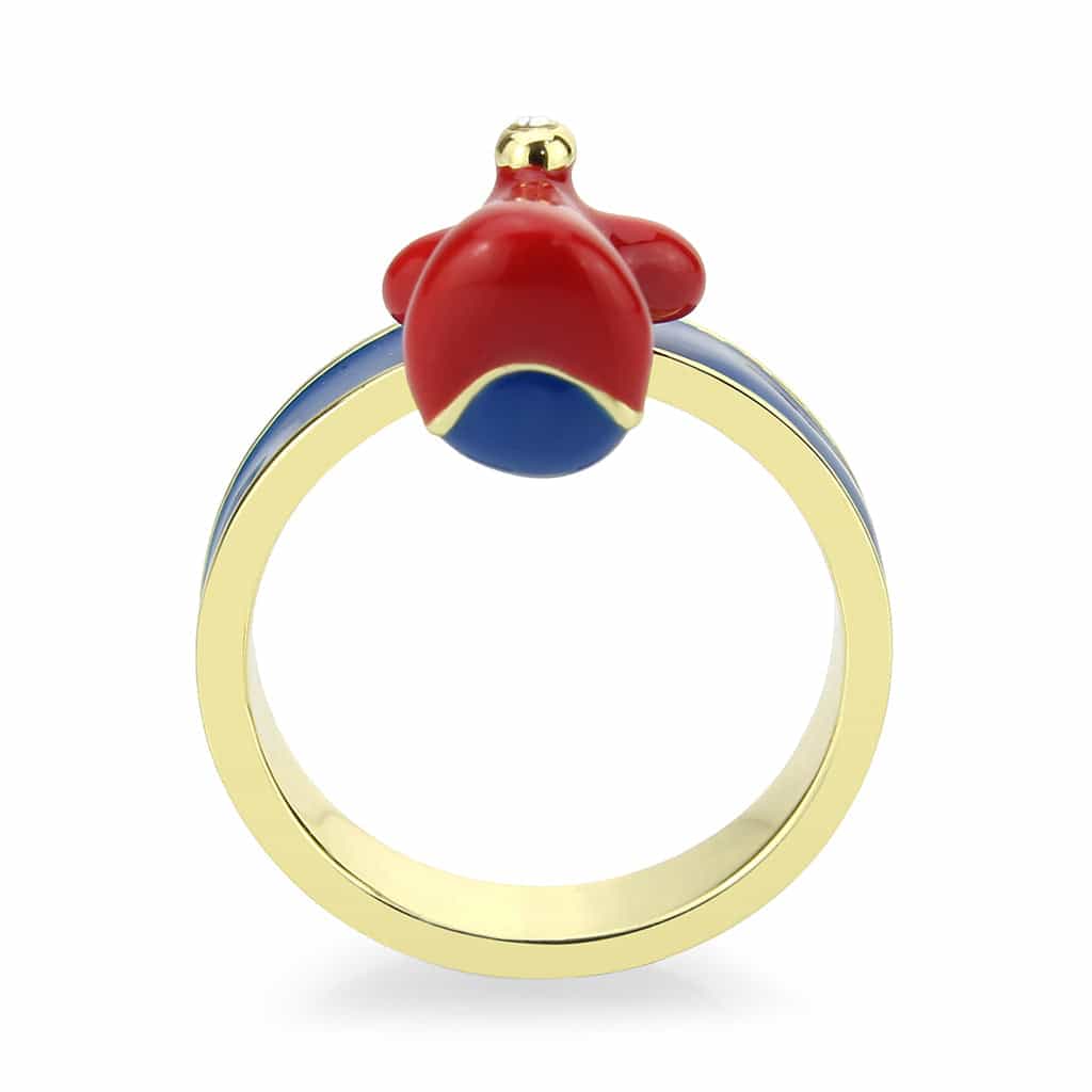 Brass Gold Blue Enamel Red Bow Cocktail Ring view 9