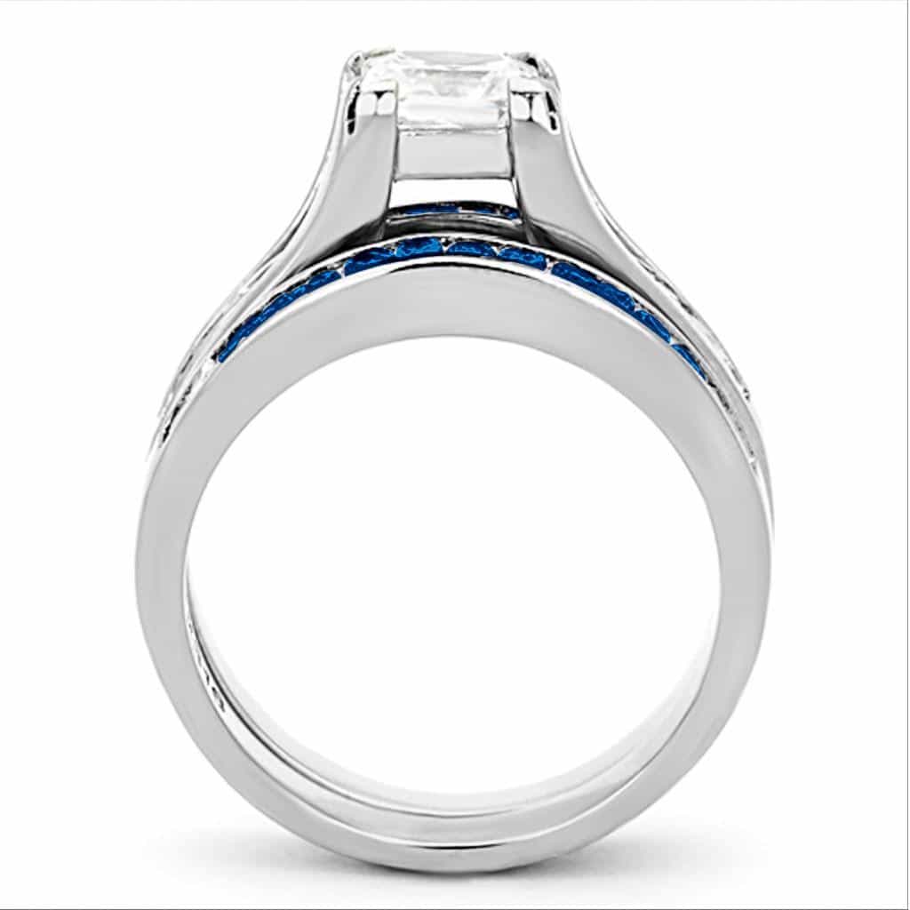 Stainless Steel Silver Blue Sapphire CZ Princess Channel Ring view 3