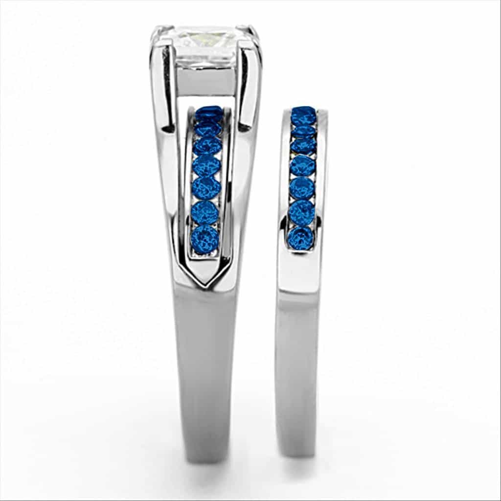 Stainless Steel Silver Blue Sapphire CZ Princess Channel Ring view 4