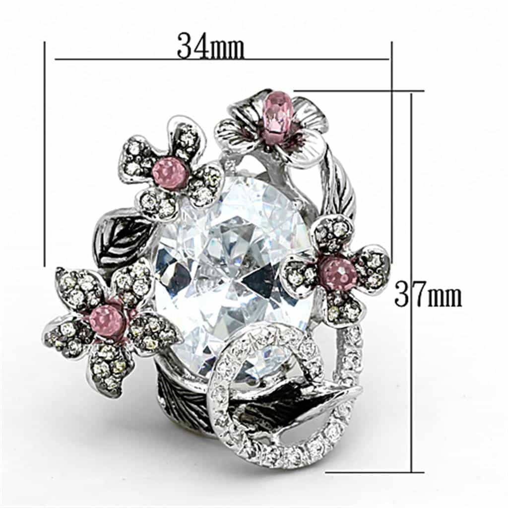 Brass Silver CZ Pink Crystal Floral Vine Cocktail Ring view 4