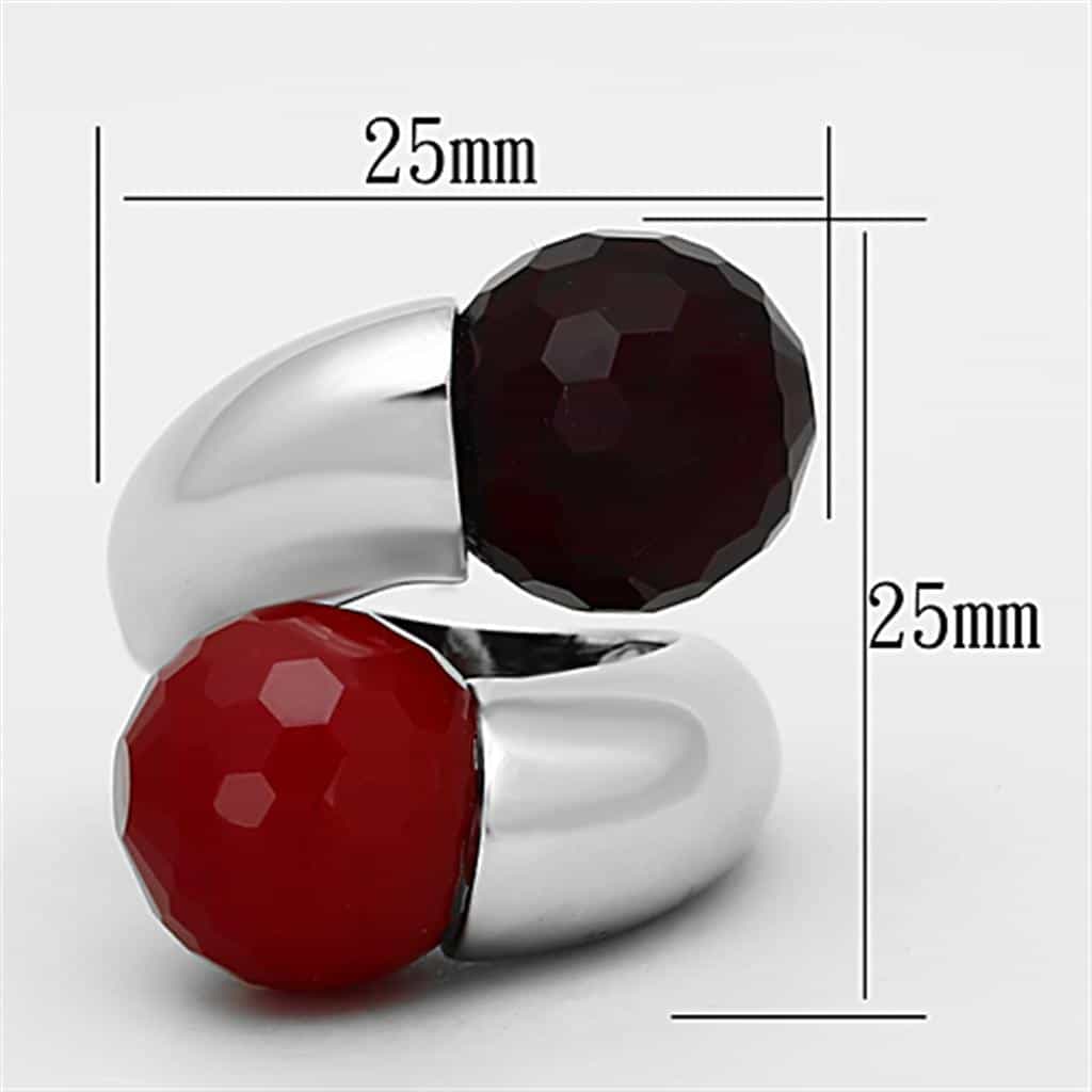 Brass Silver Red Dark Garnet Faceted Double Ball Bypass Ring view 2