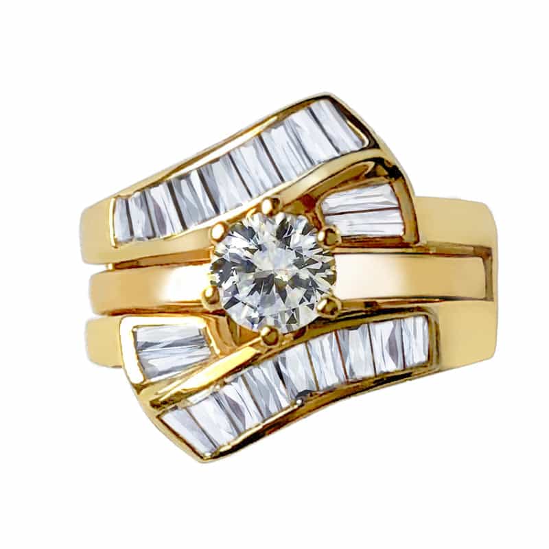 Sterling Silver Gold CZ Round Solitaire Baguette Channel Ring view 2