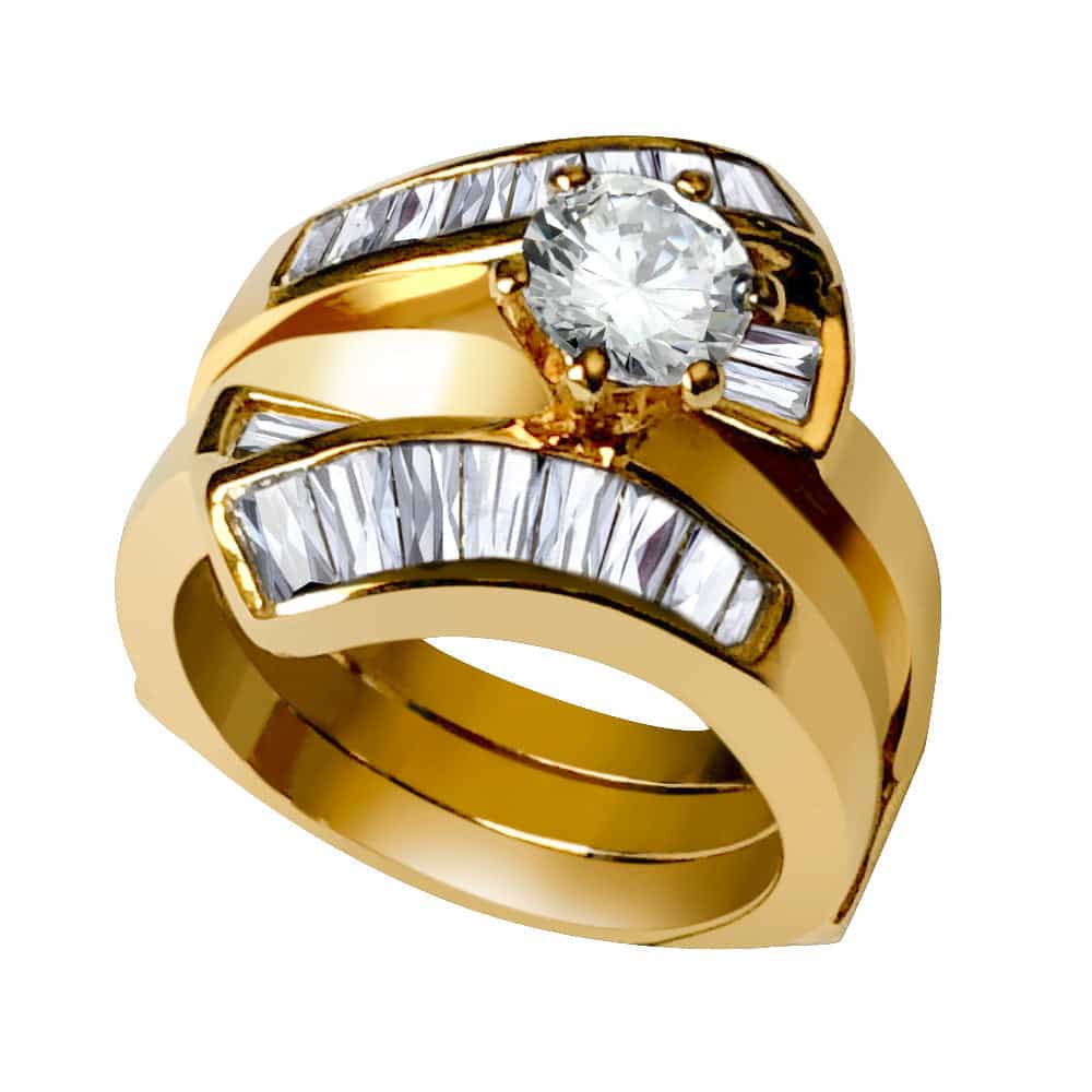 Sterling Silver Gold CZ Round Solitaire Baguette Channel Ring view 3