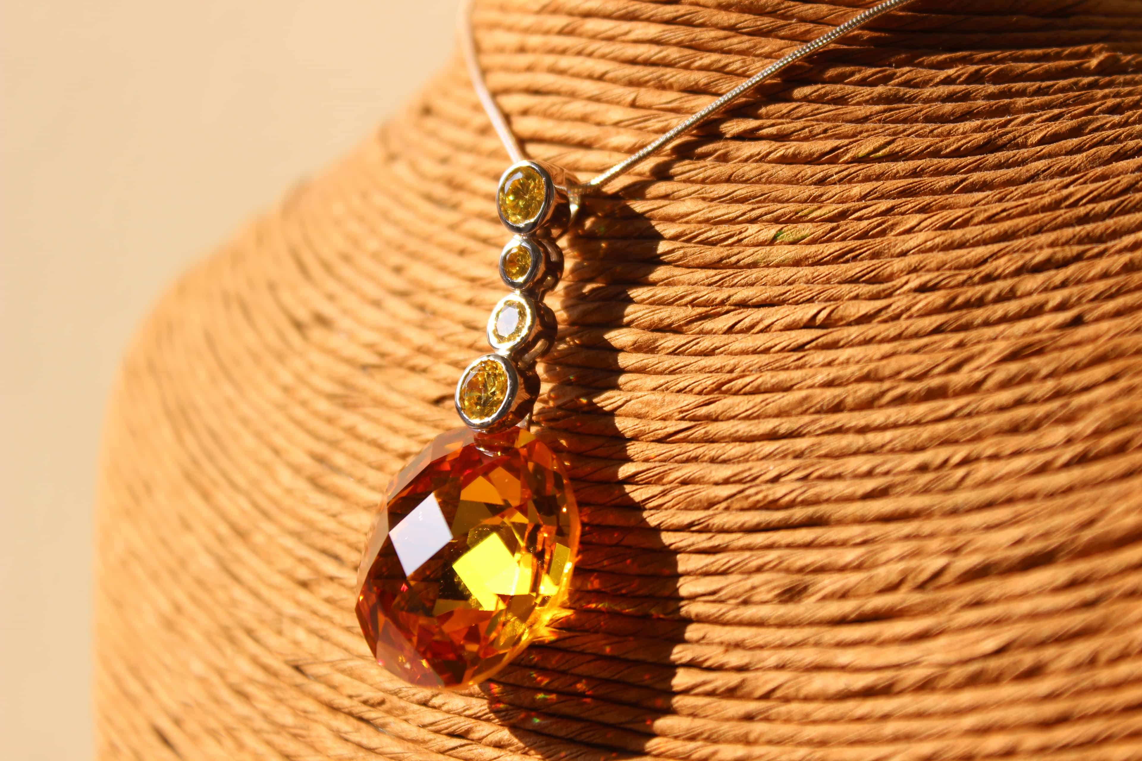 Sterling Silver Gold Orange CZ Pear Drop Pendant Necklace view 3