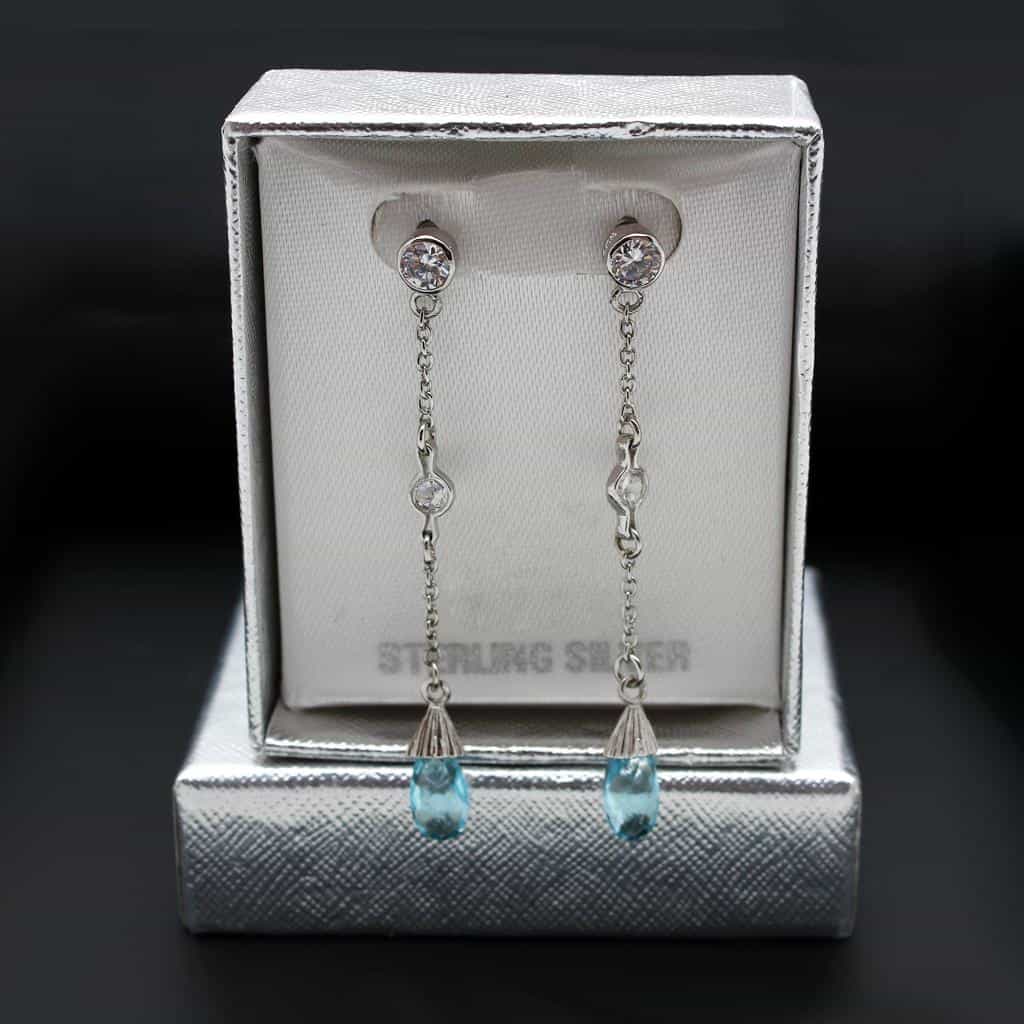 Sterling Silver Aqua Blue CZ Teardrop Bar Drop Earrings view 2