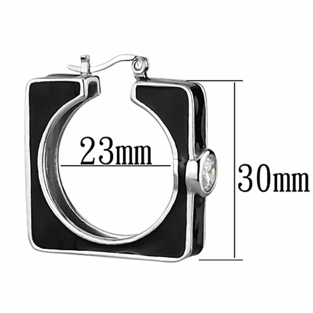 Sterling Silver Black Enamel Square CZ Modern Hoop Earrings view 2
