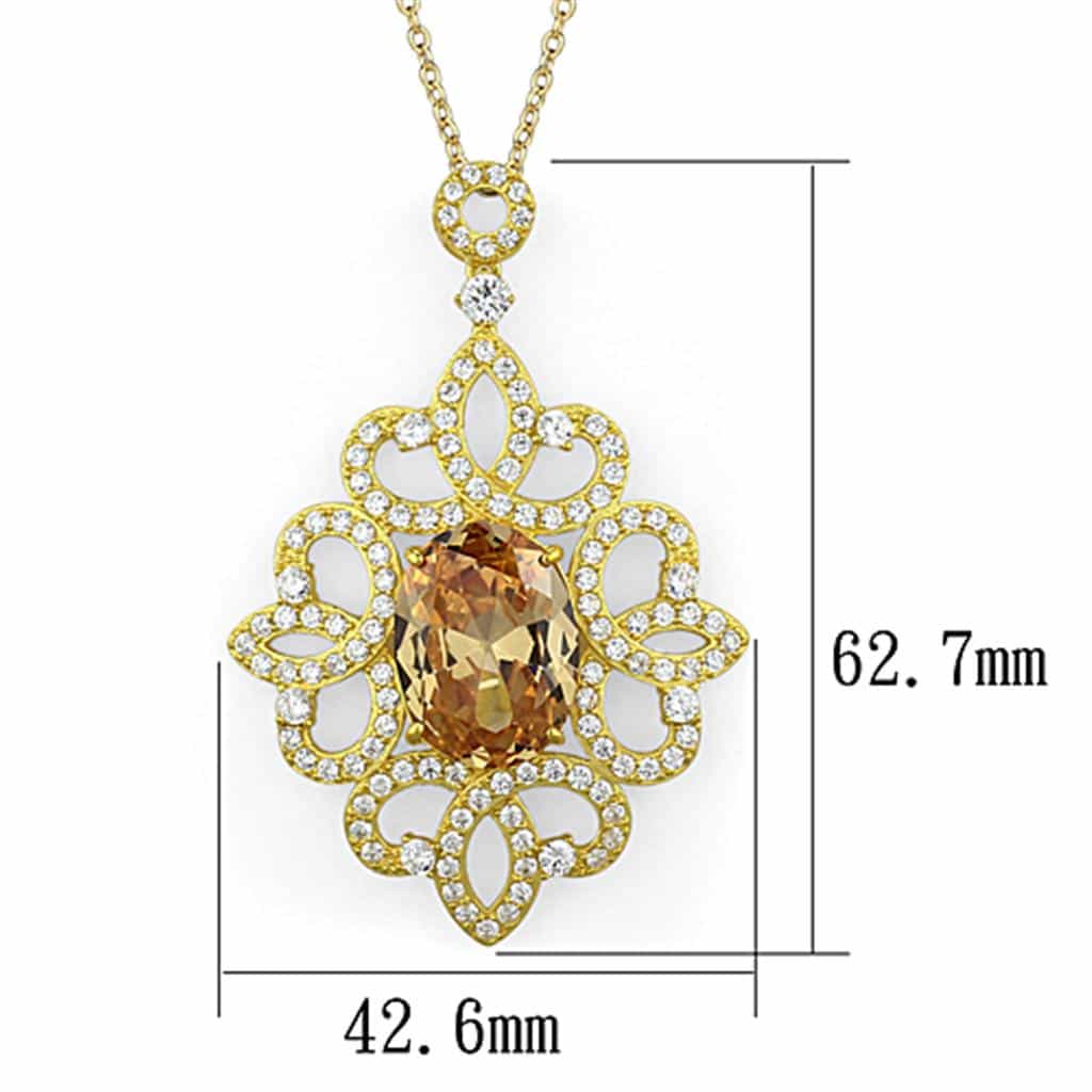 Sterling Silver Gold Champagne CZ Ornate Flower Pendant Necklace view 2