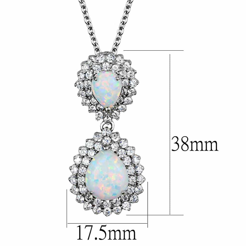 Sterling Silver White Opal Oval CZ Halo Double Drop Necklace view 2