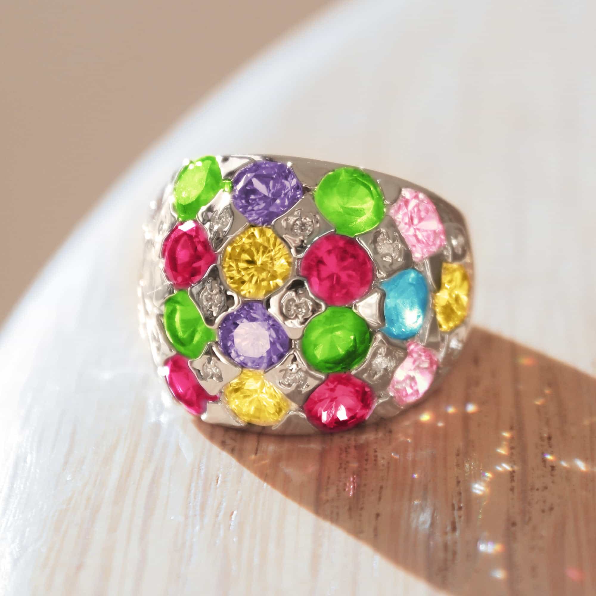Brass Multi Color CZ Round Dome Cocktail Ring view 3