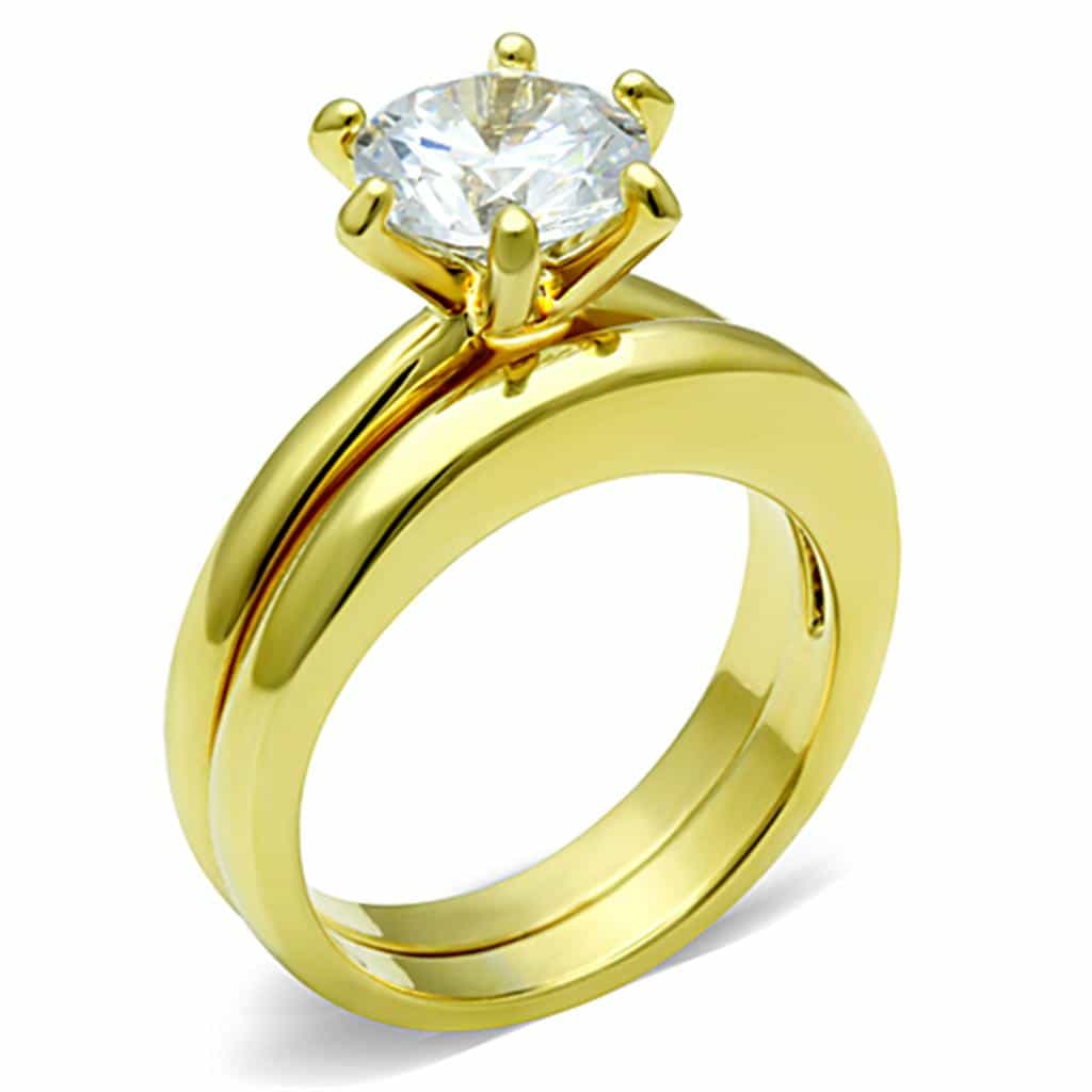 Stainless Steel Gold CZ Round Solitaire Bridal Set Ring view 8