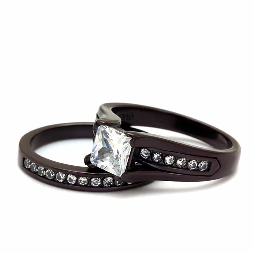 Stainless Steel Dark CZ Princess Solitaire Channel Bridal Ring view 10