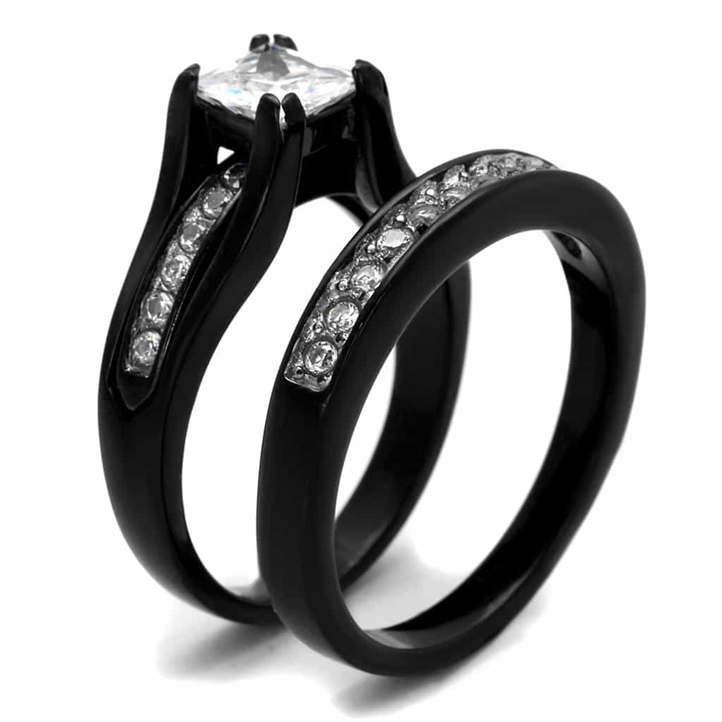 Stainless Steel Black CZ Princess Solitaire Channel Bridal Ring view 8