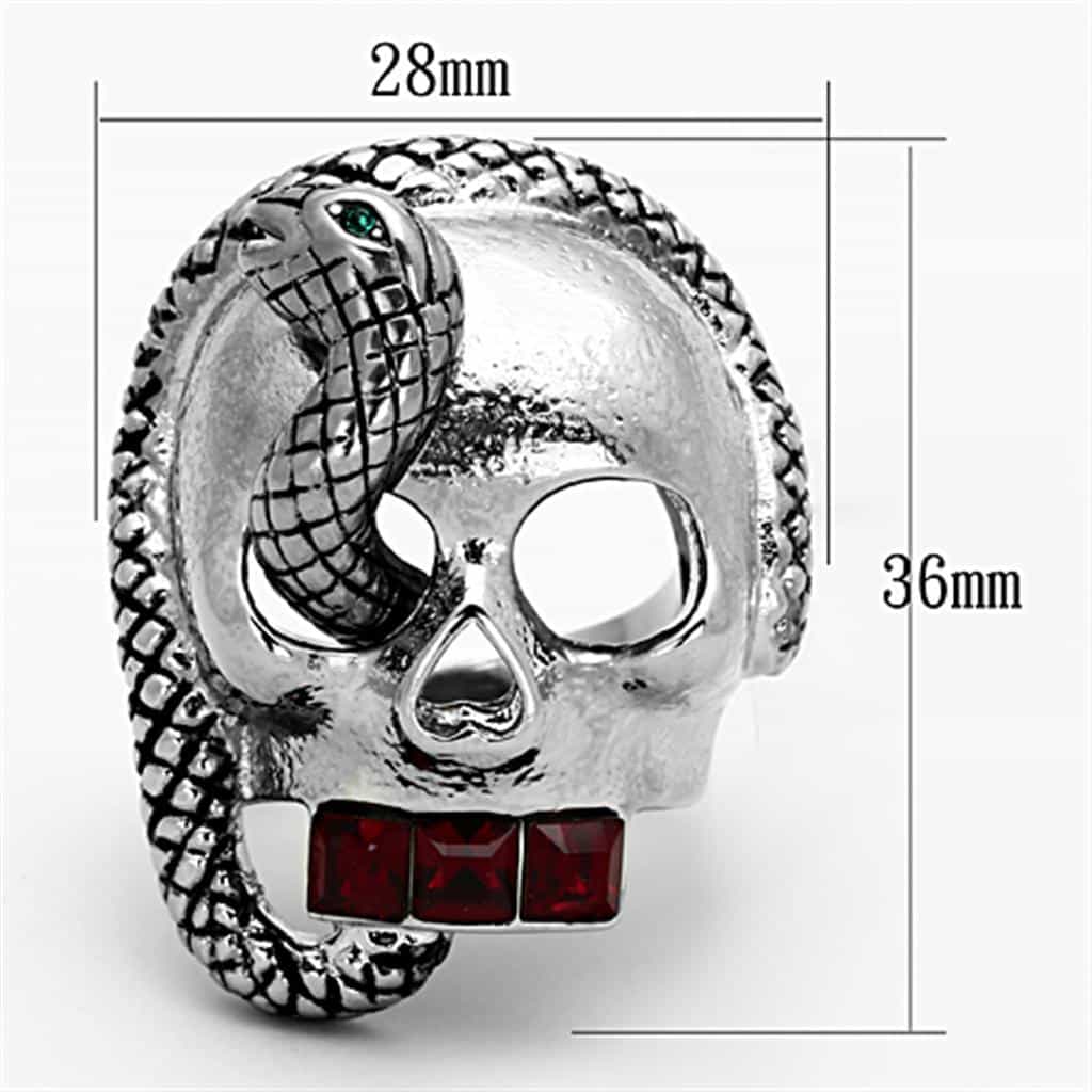 Stainless Steel Skull Snake Wrap Red CZ Ring view 8