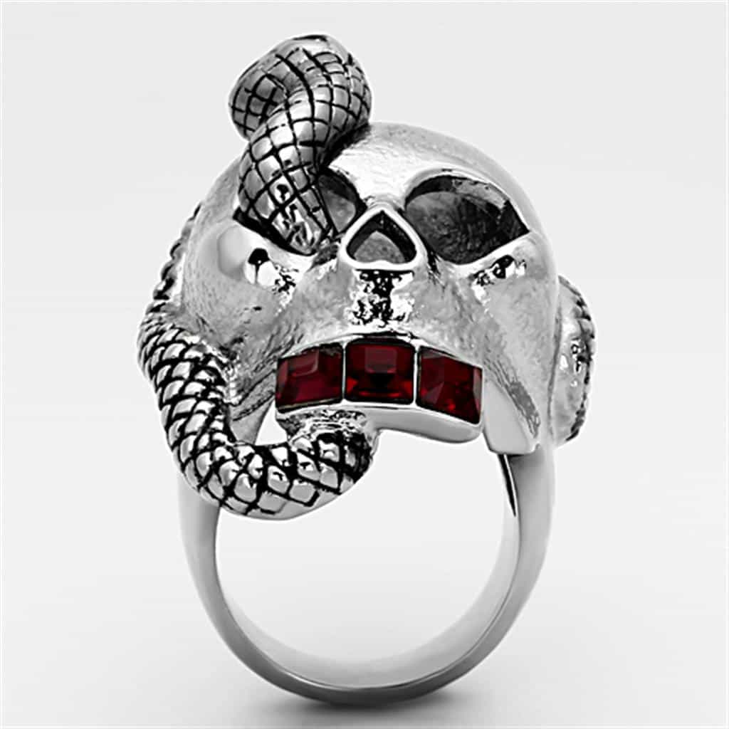 Stainless Steel Skull Snake Wrap Red CZ Ring view 9